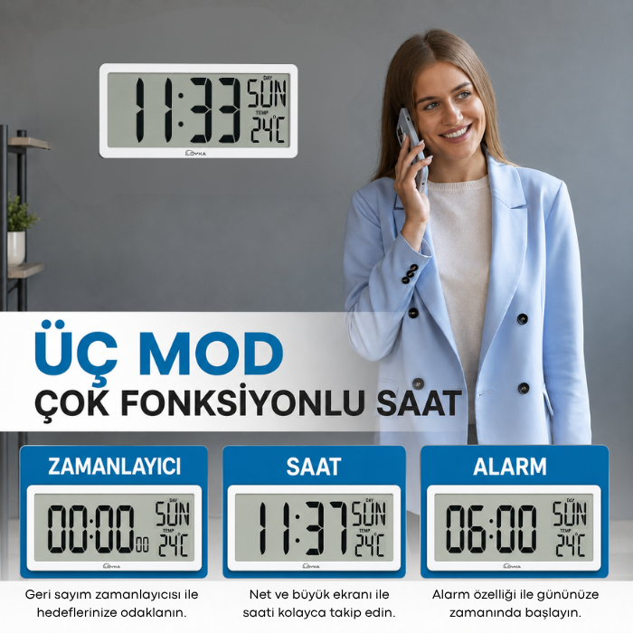 Loyka LCD200JUMBO Büyük Ekranlı Dijital Duvar Saati Modları