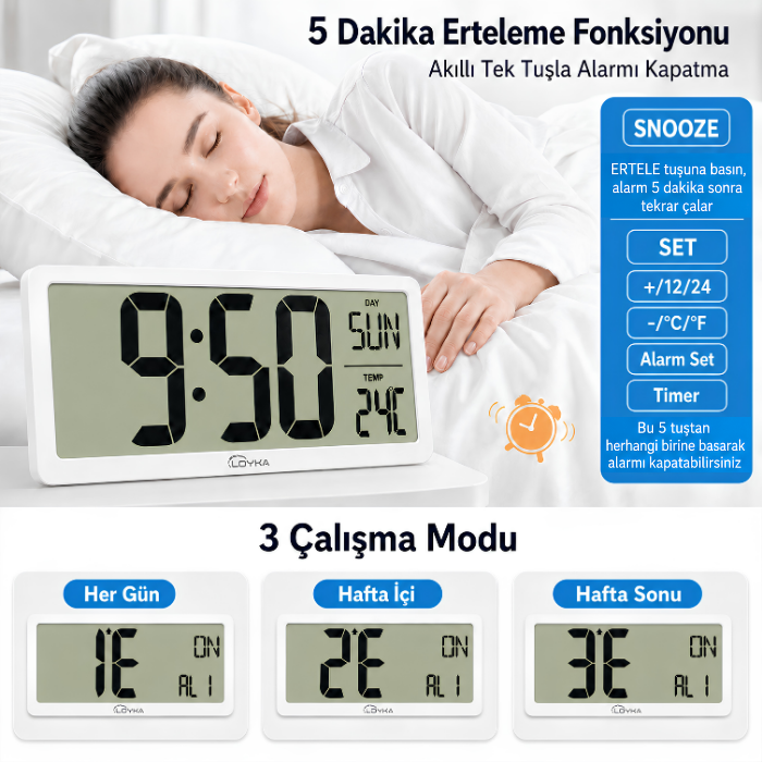 Loyka LCD200JUMBO Büyük Ekranlı Dijital Duvar Saati Alarm Erteleme Fonksiyonu