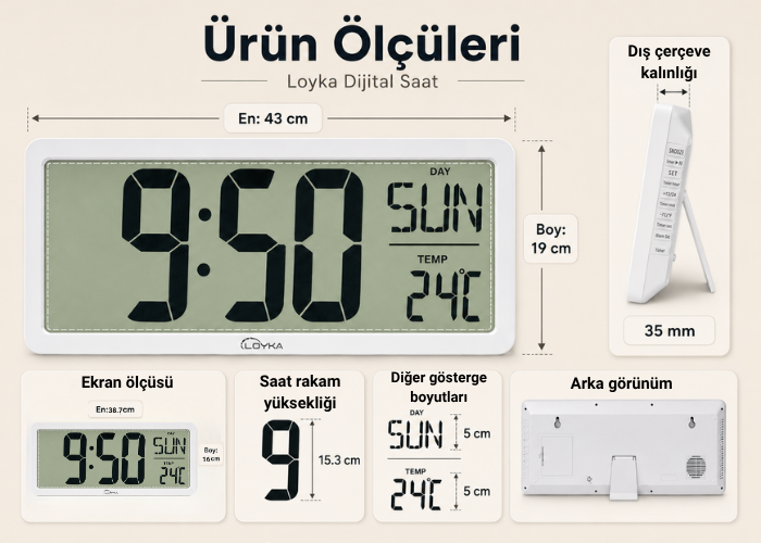 Loyka LCD200JUMBO Büyük Ekranlı Dijital Duvar Saati Boyutu