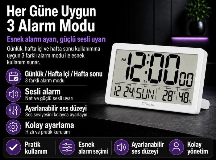 Loyka LCDBY75 Beyaz Dijital LCD Saat Alarm Modları
