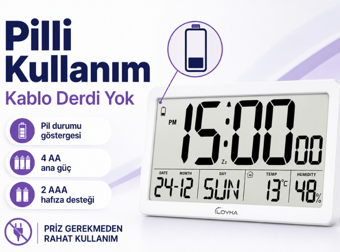 Loyka LCDBY75 Beyaz Dijital LCD Saat | Tarih, Sıcaklık ve Nem Göstergeli