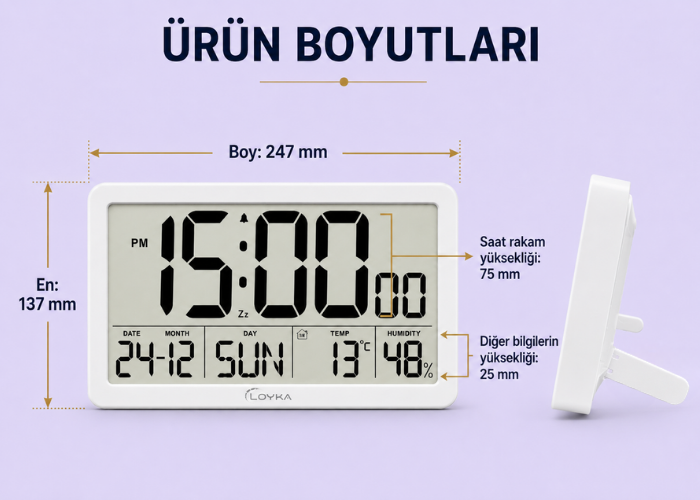 Loyka LCDBY75 Beyaz Dijital LCD Saat Boyutları