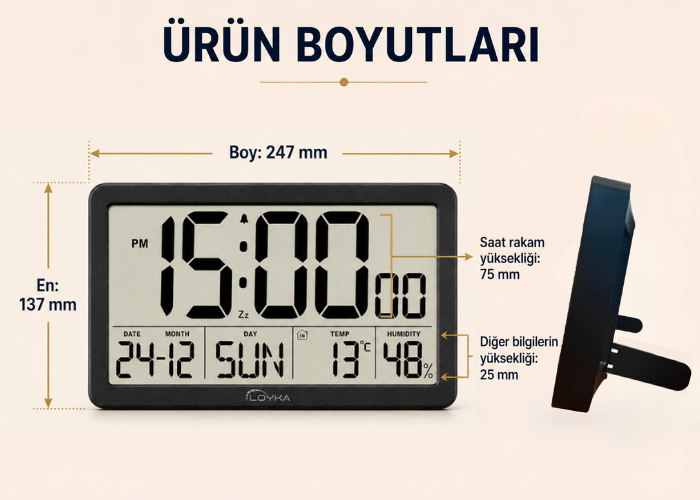 Loyka LCDSY75 Siyah Dijital LCD Saat Boyutları
