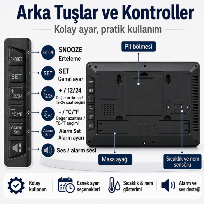 Loyka LCDSY75 Siyah Dijital LCD Saat | Tarih, Sıcaklık ve Nem Göstergeli Tuş Açıklamaları