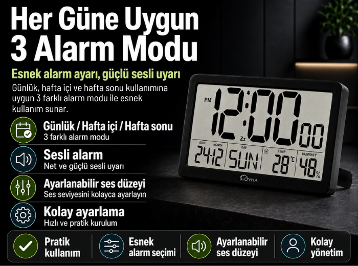 Loyka LCDSY75 Siyah Dijital LCD Saat Alarm Modları