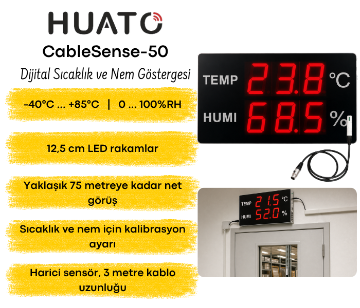 Huato CableSense-50 kablolu büyük sıcaklık ve nem göstergesi