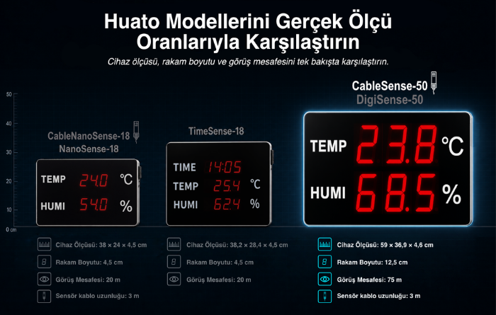Huato sıcaklık ve nem göstergelerinin boyut ve görüş mesafesi karşılaştırması