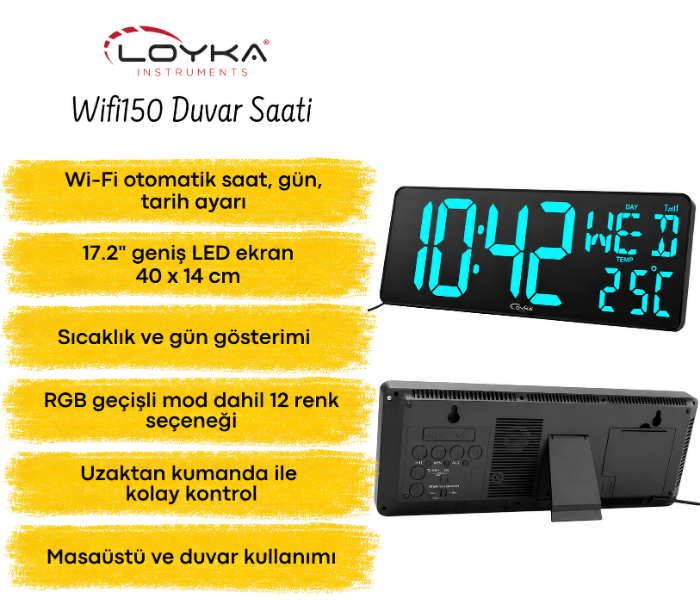 WİFİ150 RGB Renkli Büyük Ekranlı Dijital Duvar Saati Özellikleri