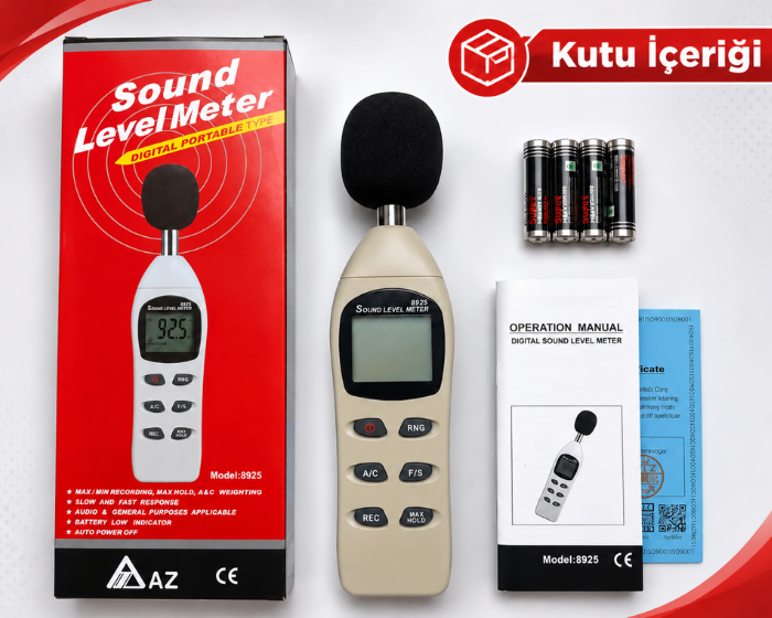 AZ 8925 Dijital Ses Seviyesi Ölçer Kutu İçeriği