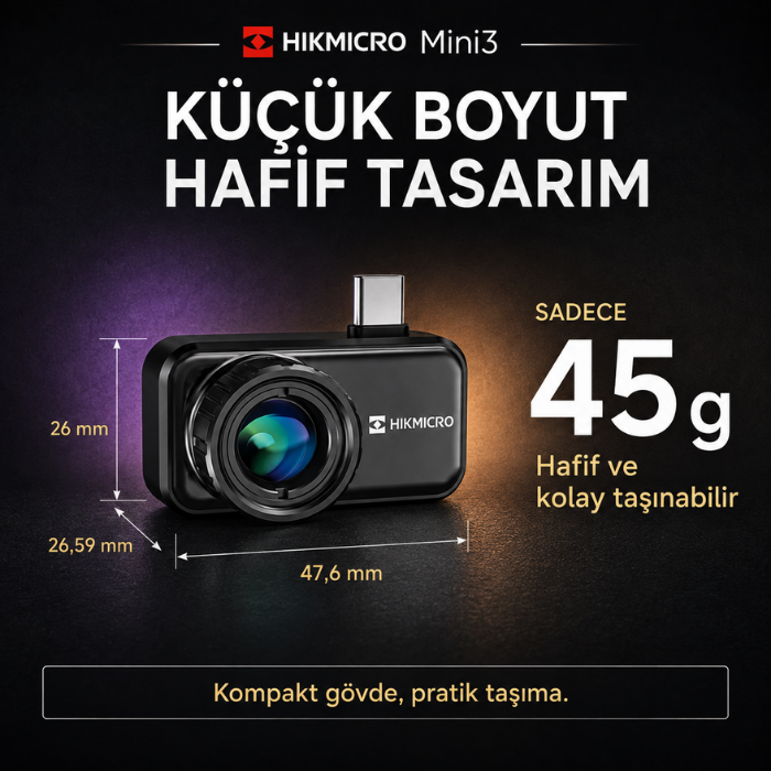 HIKMICRO Mini3 termal kamera boyutları ve 45 gram ağırlığı