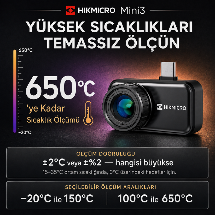 HIKMICRO Mini3 -20°C ile 650°C sıcaklık ölçüm aralığı