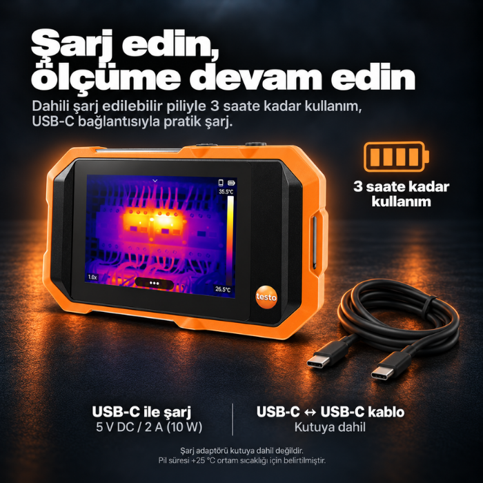 Testo 862-1 USB-C şarj bağlantısı ve pil süresi