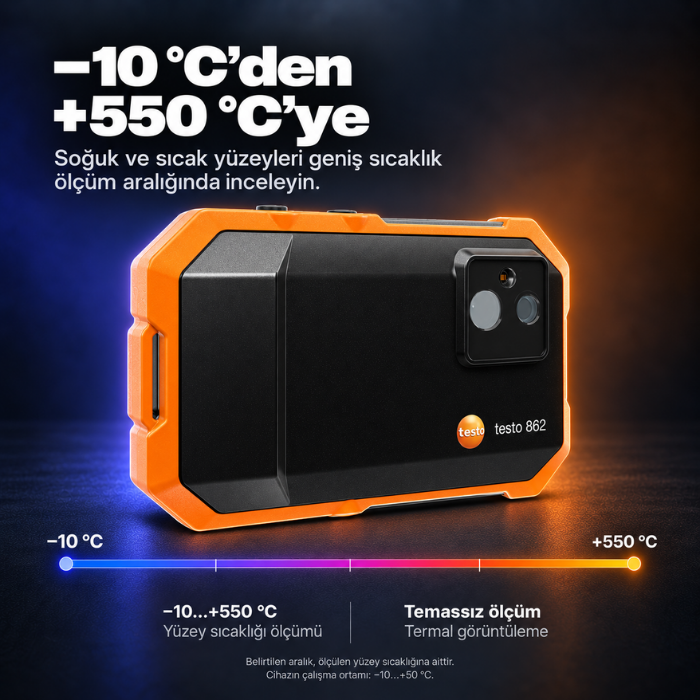 Testo 862-2 termal kamerada -10 °C ile +550 °C ölçüm aralığı