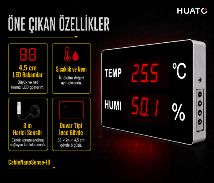 Huato CableNanoSense-18 sıcaklık nem göstergesinin öne çıkan özellikleri