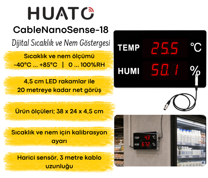 Huato CableNanoSense-18 kablolu sıcaklık ve nem göstergesi