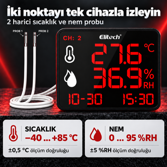 Elitech DR-230 THDE iki harici sıcaklık ve nem probu