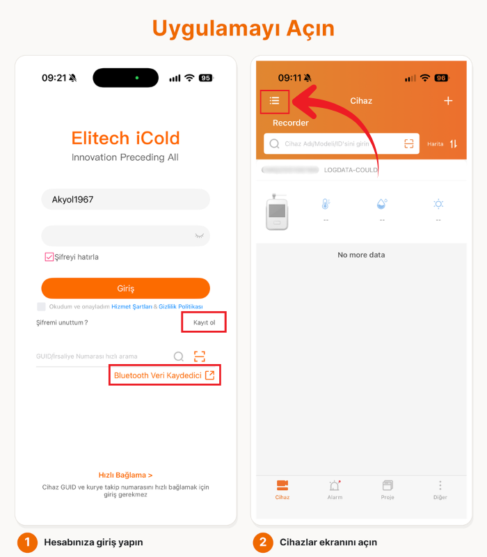 Elitech iCold uygulamasında giriş ve Bluetooth veri kaydedici menüsü