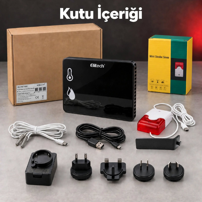 Elitech DR-230 THDE sıcaklık ve nem kayıt cihazı kutu içeriği