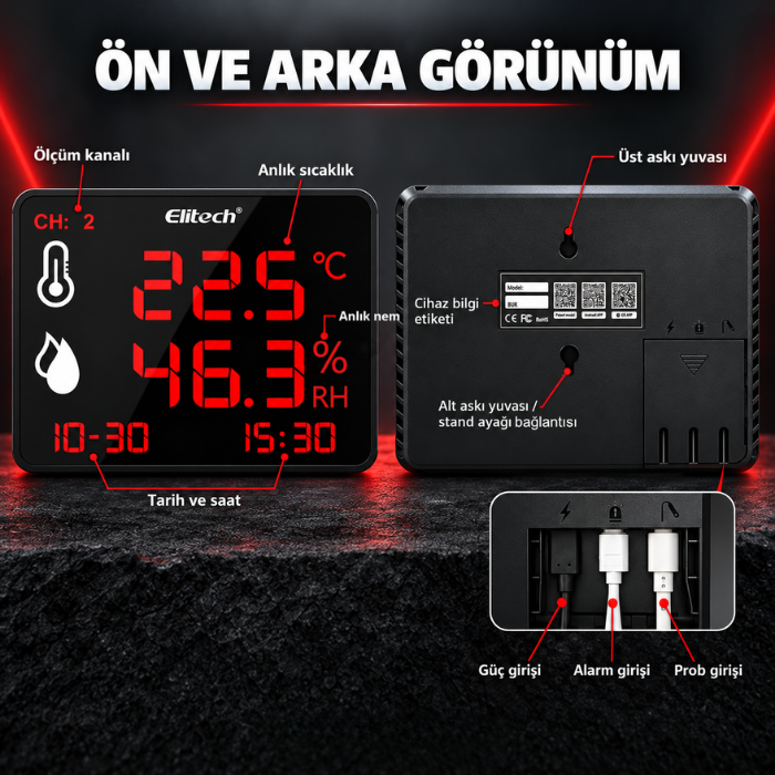 Elitech DR-230 THDE sıcaklık ve nem kayıt cihazının ön ve arka görünümü