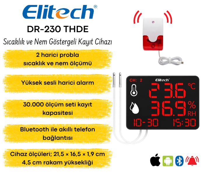 Elitech DR-230 THDE Bluetooth sıcaklık ve nem kayıt cihazı, iki prob ve harici alarm
