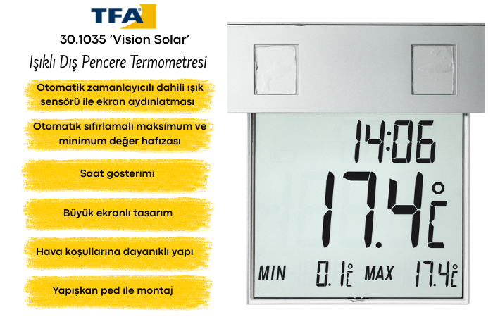 TFA 30.1035 ‘Vision Solar’ Işıklı Dış Pencere Termometresi Özellikleri
