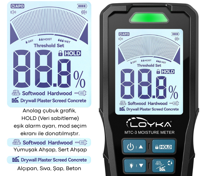 MTC - 3 Manyetik ve İğne Problu 2-in-1 Nem Ölçer Ekran Açıklaması