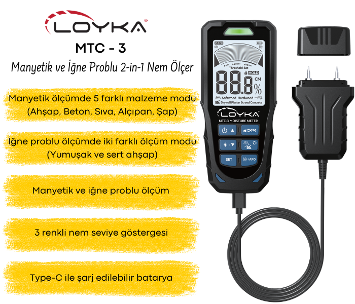 MTC-3 Manyetik ve İğne Problu 2-in-1 Nem Ölçer Özellikleri