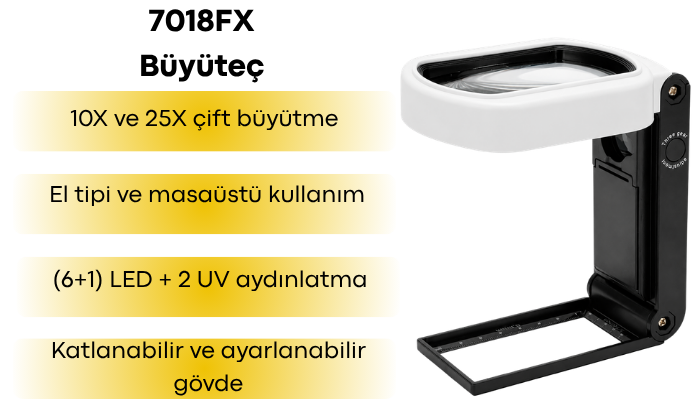 7018FX Işıklı Katlanabilir ve El Tipi Büyüteç Özellikleri