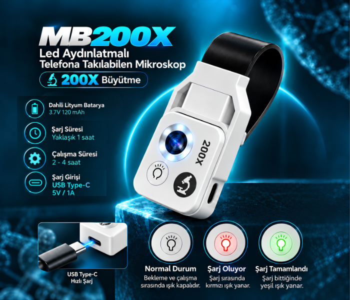 mb200x telefona takılabilen mikroskop