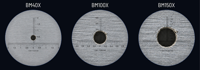 BM40X, BM100X ve BM150X büyütme karşılaştırması