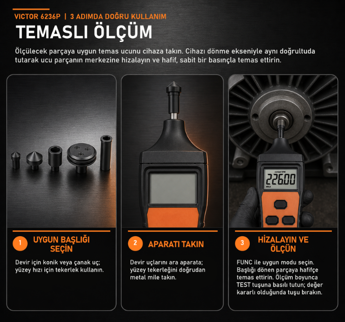 Victor 6236P temaslı devir ölçümü kullanım adımları