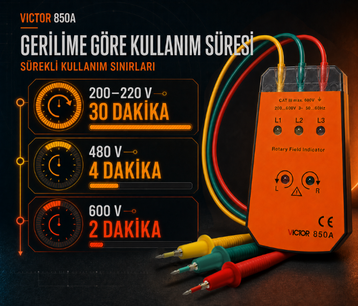 Victor 850A gerilime göre sürekli kullanım süreleri