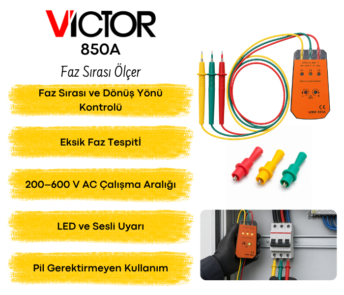 Victor 850A faz sırası ölçer ve test probları