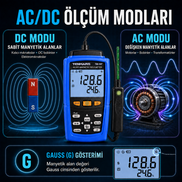 Tenmars TM-197 AC ve DC manyetik alan ölçüm modları
