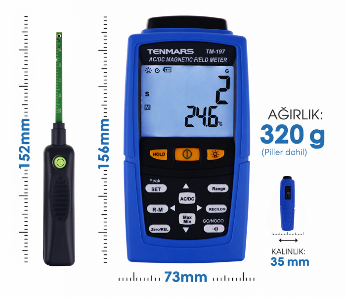 Tenmars TM-197 dijital gaussmetre boyutları