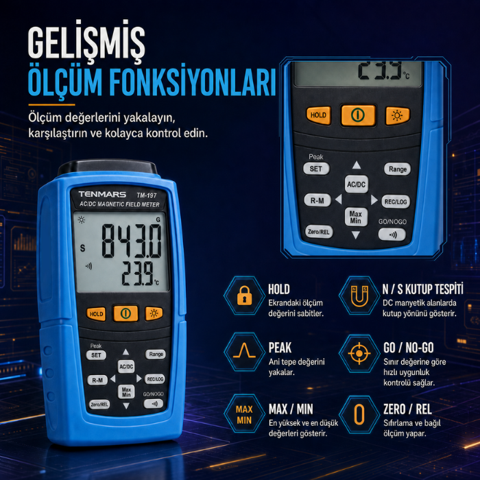 Tenmars TM-197 veri kaydı ve ölçüm fonksiyonları