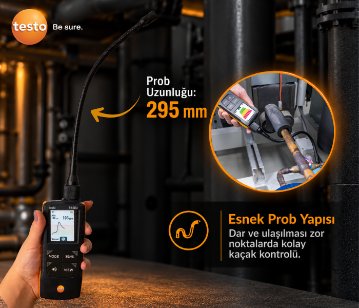 Testo 515 Ex Soğutucu Gaz Kaçak Dedektörü Esnek ve Uzun Prob Yapısı