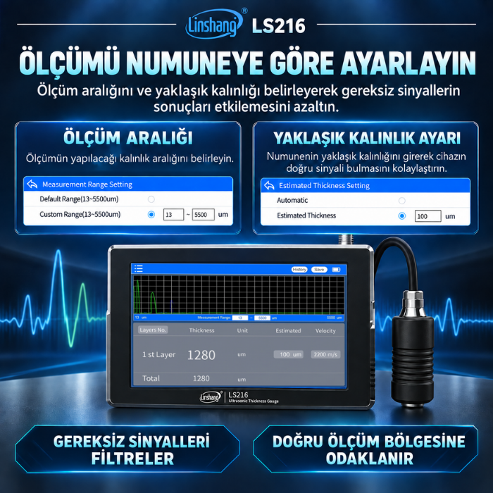 Linshang LS216 ölçüm aralığı ve tahmini kalınlık ayarı