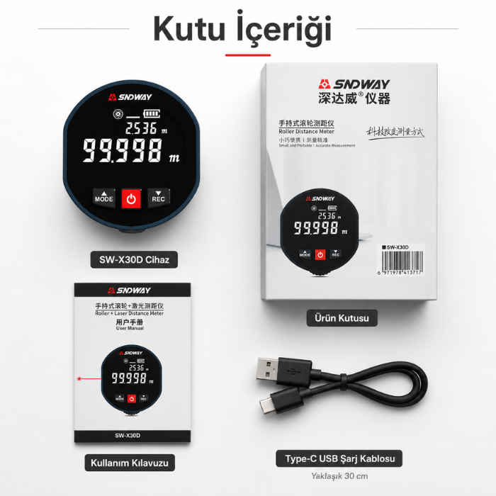  Dijital Rulo Mesafe Ölçer Kutu İçeriği