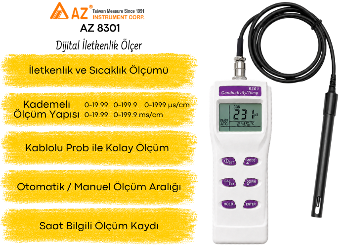 AZ 8301 Kablolu EC İletkenlik Ölçer Özellikleri