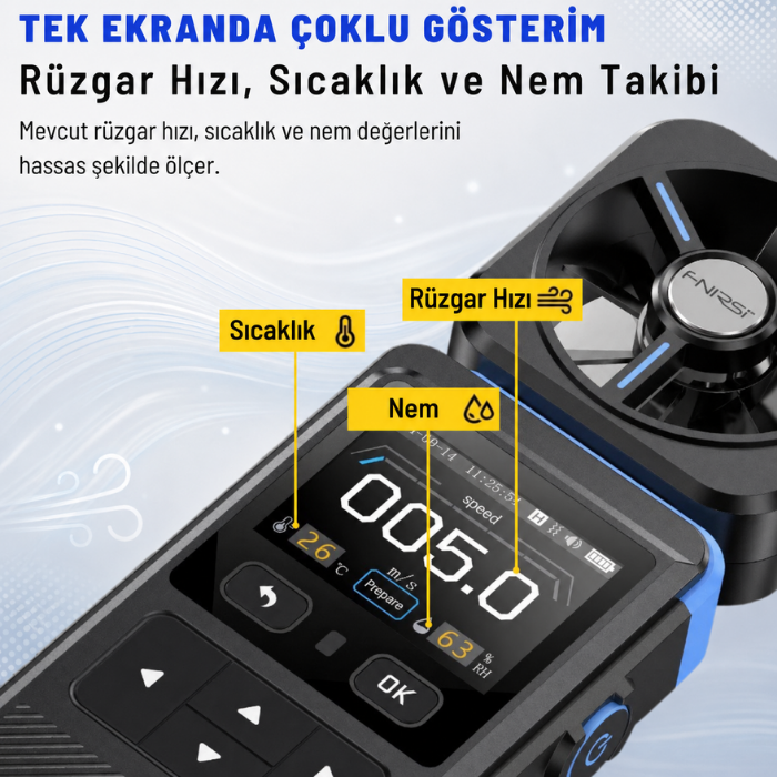 FNIRSI FAM-02 Rüzgar Hızı Sıcaklık ve Nem Ölçer Anemometre