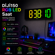 DİJİ150 RGB Renkli Büyük Ekranlı Dijital Saat | Uzaktan Kumandalı