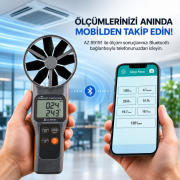 AZ 89191 Bluetoothlu Anemometre | 10 cm Pervane, Hava Hızı, Debi, CO₂, Nem ve Sıcaklık