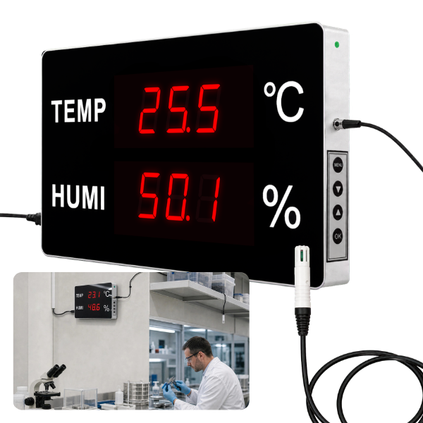 Huato CableNanoSense-18 Kablolu Büyük Ekranlı Sıcaklık Nem Göstergesi | 4,5 cm Rakam | 3 m Sensörlü